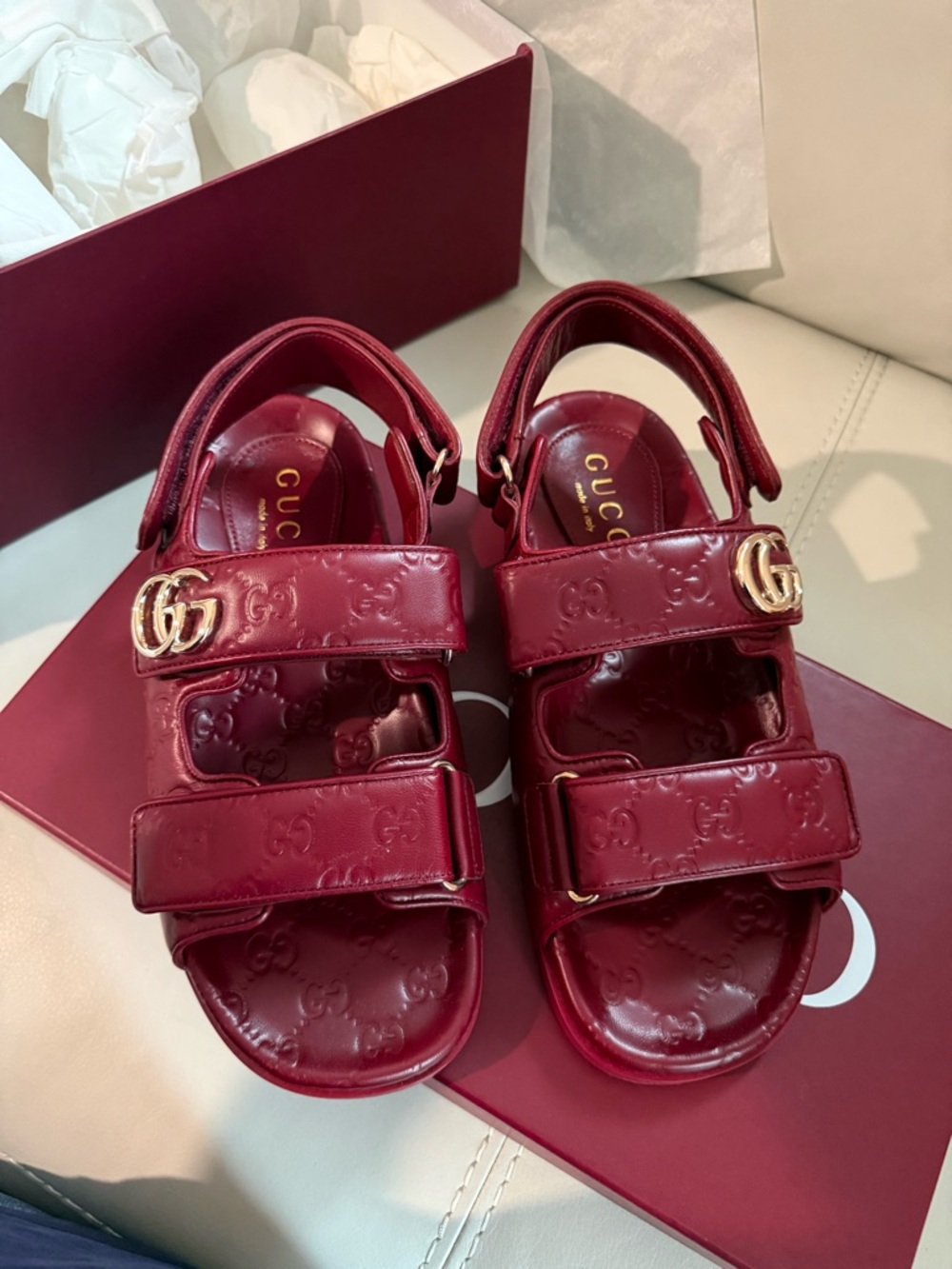 Gucci Burgundy Leather Double-Strap Sandals with Gold GG